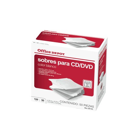 SOBRES PARA CD/DVD OFFICE DEPOT BLANCOS 100 PIEZAS