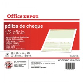 POLIZA CHEQUES OFFICE DEPOT 1/2 OFICIO CON 12 - Envío Gratuito